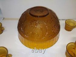 Vintage Tiara Glass Co. 9 Amber Sandwich Pattern Punch Bowl with 12 Cups