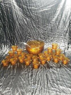 Vintage Tiara Indiana Glass Amber Sandwich Pattern Punch Bowl and 24 Cups Silver