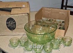 Vintage Tiara Indiana Sandwich Glass Chantilly Green Punch Bowl Cups 22pcs