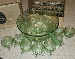 Vintage Tiara Indiana Sandwich Glass Chantilly Green Punch Bowl Cups 22pcs