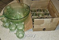 Vintage Tiara Indiana Sandwich Glass Chantilly Green Punch Bowl Cups 22pcs