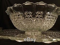 Vintage Tiffin Glass Co. Crystal Punch Bowl Set Bristol Diamond Pattern