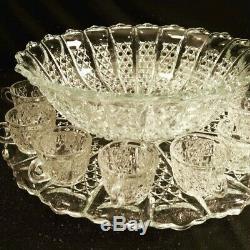 Vintage Tiffin Glass Co. Crystal Punch Bowl Set Bristol Diamond Pattern