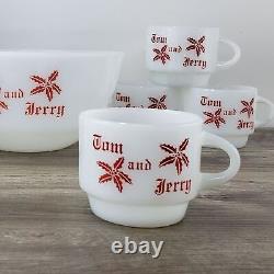 Vintage Tom And Jerry Fire King Anchor Hocking Milk Glass Punch Bowl and cups Eg
