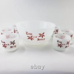 Vintage Tom And Jerry Fire King Anchor Hocking Milk Glass Punch Bowl and cups Eg