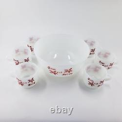 Vintage Tom And Jerry Fire King Anchor Hocking Milk Glass Punch Bowl and cups Eg