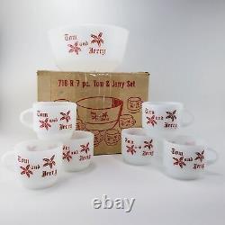 Vintage Tom And Jerry Fire King Anchor Hocking Milk Glass Punch Bowl and cups Eg