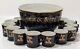 Vintage Tom & Jerry Black with Gold Gilt Punch Bowl Set by Hall Pottery, 12 Cups