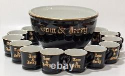 Vintage Tom & Jerry Black with Gold Gilt Punch Bowl Set by Hall Pottery, 12 Cups