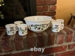Vintage Tom Jerry Glass Ski Skier Punch Bowl Set Bowl 6 Mugs Cups Hazel Atlas
