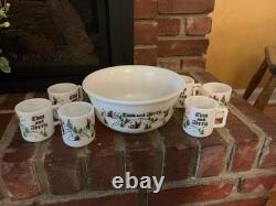 Vintage Tom Jerry Glass Ski Skier Punch Bowl Set Bowl 6 Mugs Cups Hazel Atlas