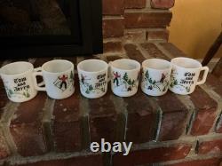 Vintage Tom Jerry Glass Ski Skier Punch Bowl Set Bowl 6 Mugs Cups Hazel Atlas