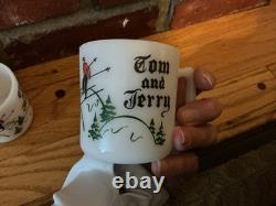 Vintage Tom Jerry Glass Ski Skier Punch Bowl Set Bowl 6 Mugs Cups Hazel Atlas