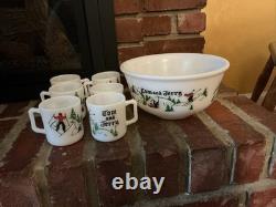 Vintage Tom Jerry Glass Ski Skier Punch Bowl Set Bowl 6 Mugs Cups Hazel Atlas
