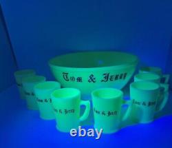 Vintage Tom & Jerry McKee Custard Glass Punch Bowl Set & 8 Mugs Glows