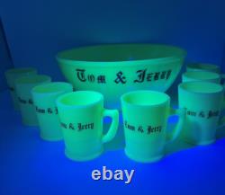 Vintage Tom & Jerry McKee Custard Glass Punch Bowl Set & 8 Mugs Glows