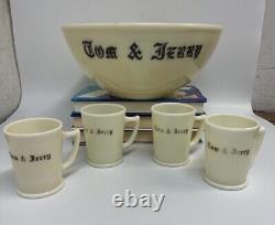 Vintage Tom & Jerry McKee Jadeite Custard Glass Punch Bowl Set & 5 Mugs RARE