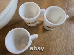 Vintage Tom & Jerry Sleigh Scene Beaded Rim Punch Bowl & 6 Mugs McKee Milk Glass
