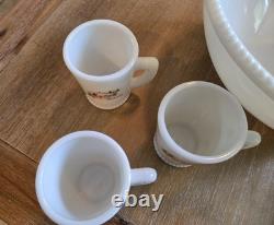 Vintage Tom & Jerry Sleigh Scene Beaded Rim Punch Bowl & 6 Mugs McKee Milk Glass