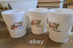 Vintage Tom & Jerry Sleigh Scene Beaded Rim Punch Bowl & 6 Mugs McKee Milk Glass