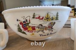 Vintage Tom & Jerry Sleigh Scene Beaded Rim Punch Bowl & 6 Mugs McKee Milk Glass