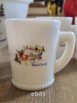 Vintage Tom & Jerry Sleigh Scene Beaded Rim Punch Bowl & 6 Mugs McKee Milk Glass