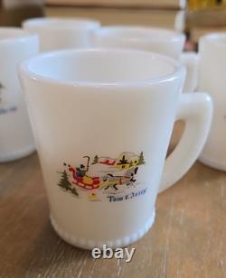 Vintage Tom & Jerry Sleigh Scene Beaded Rim Punch Bowl & 6 Mugs McKee Milk Glass