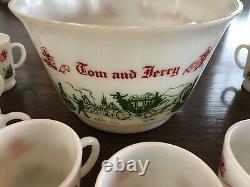 Vintage Tom and Jerry Holiday Christmas Milk Glass Punch Bowl Set with 9 Cups
