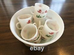 Vintage Tom and Jerry Holiday Christmas Milk Glass Punch Bowl Set with 9 Cups