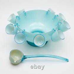 Vintage Turquoise Cased Glass Punch Bowl With 9 Cups And Ladel Read Description