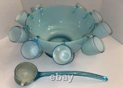 Vintage Turquoise Cased Glass Punch Bowl With 9 Cups And Ladel Read Description