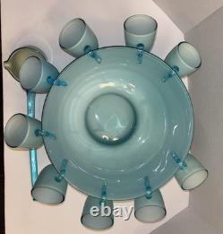 Vintage Turquoise Cased Glass Punch Bowl With 9 Cups And Ladel Read Description