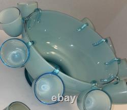 Vintage Turquoise Cased Glass Punch Bowl With 9 Cups And Ladel Read Description