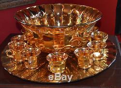 Vintage United States Glass Co GOLD FLASH GLASS 12 CUP PUNCH BOWL SEt