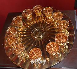 Vintage United States Glass Punch Bowl & 12 Cups GOLD FLASH GLASS
