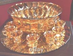 Vintage United States Glass Punch Bowl & 12 Cups Gold Flash Glass