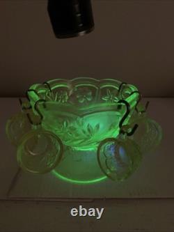 Vintage Vaseline Uranium Floral and Trout Mini Punch Bowl 6 cups Child Set Glows