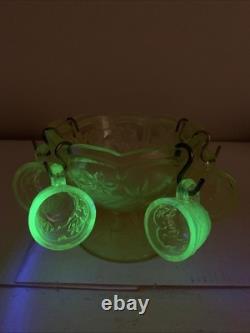 Vintage Vaseline Uranium Floral and Trout Mini Punch Bowl 6 cups Child Set Glows