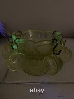 Vintage Vaseline Uranium Floral and Trout Mini Punch Bowl 6 cups Child Set Glows