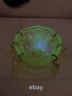 Vintage Vaseline Uranium Floral and Trout Mini Punch Bowl 6 cups Child Set Glows