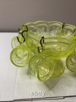 Vintage Vaseline Uranium Floral and Trout Mini Punch Bowl 6 cups Child Set Glows