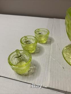 Vintage Vaseline Uranium Floral and Trout Mini Punch Bowl 6 cups Child Set Glows
