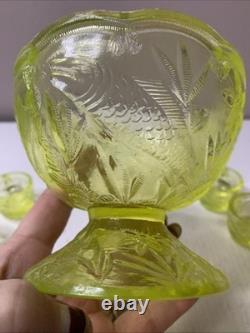 Vintage Vaseline Uranium Floral and Trout Mini Punch Bowl 6 cups Child Set Glows