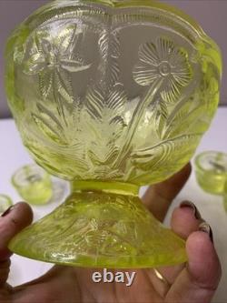 Vintage Vaseline Uranium Floral and Trout Mini Punch Bowl 6 cups Child Set Glows