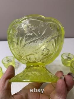Vintage Vaseline Uranium Floral and Trout Mini Punch Bowl 6 cups Child Set Glows