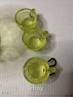 Vintage Vaseline Uranium Floral and Trout Mini Punch Bowl 6 cups Child Set Glows