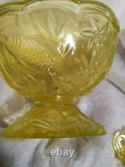Vintage Vaseline Uranium Glass Child's Toy Mini Punch Bowl & 3 Cups Rare