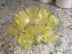 Vintage Vaseline Uranium Westmoreland Glass Childs Toy Mini Punch Bowl & 6 Cups