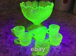 Vintage Vaseline Uranium Westmoreland Glass Childs Toy Mini Punch Bowl & 6 Cups