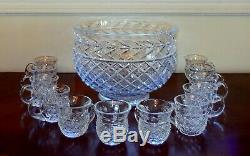 Vintage Waterford Crystal Punch Bowl Set & 13 Crystal Cups Mugs